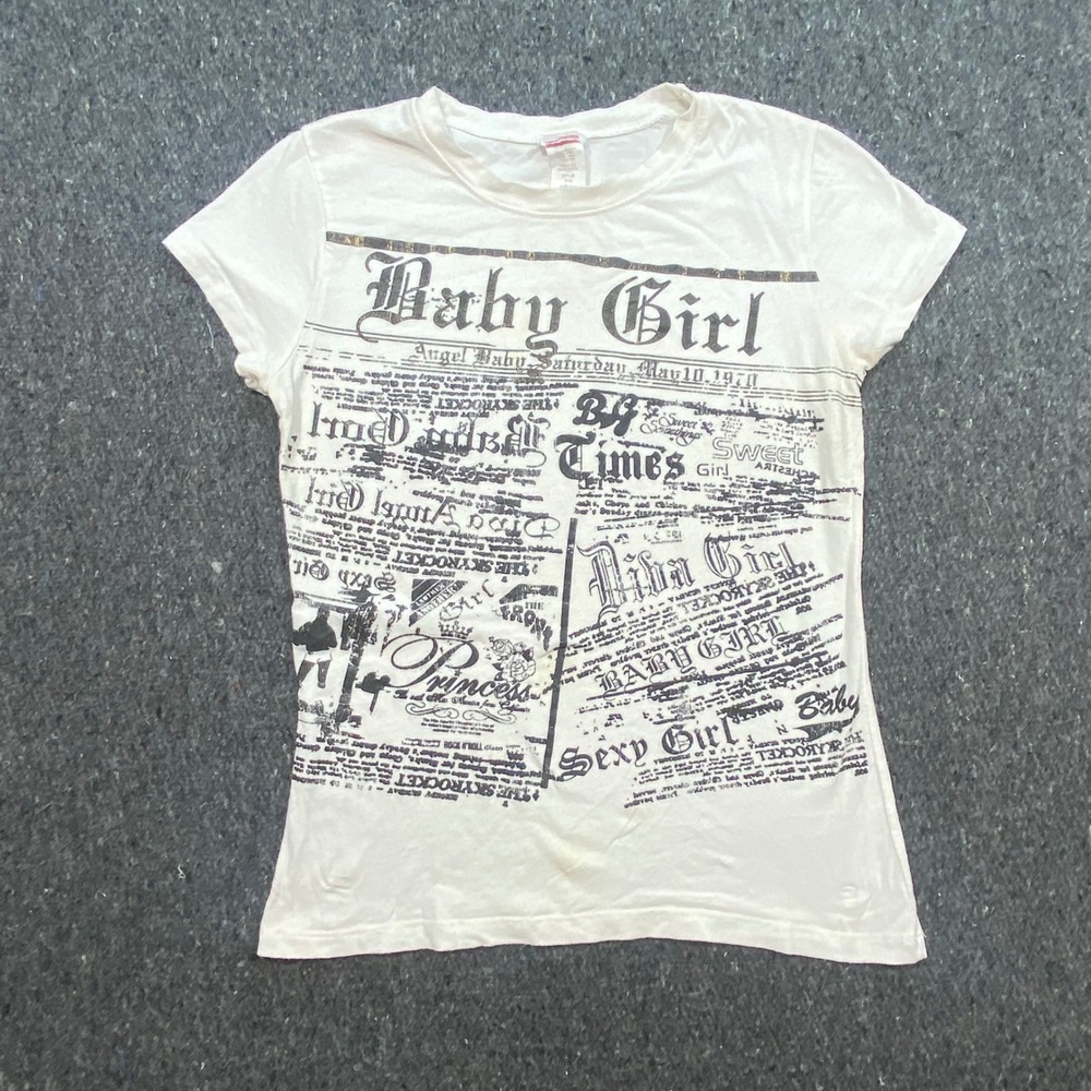 Bling Bling Newspaper Print Baby Tee L Women White Y2K‎ Graphic T101S